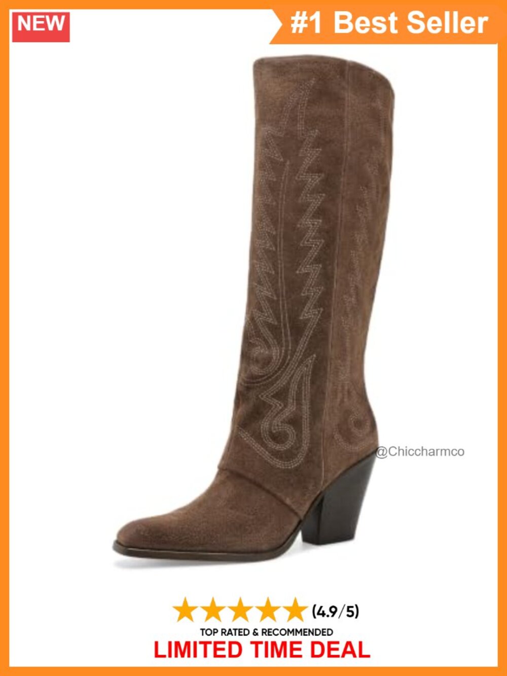 Suede Western Calf High Boots Snip Toe Block Heel